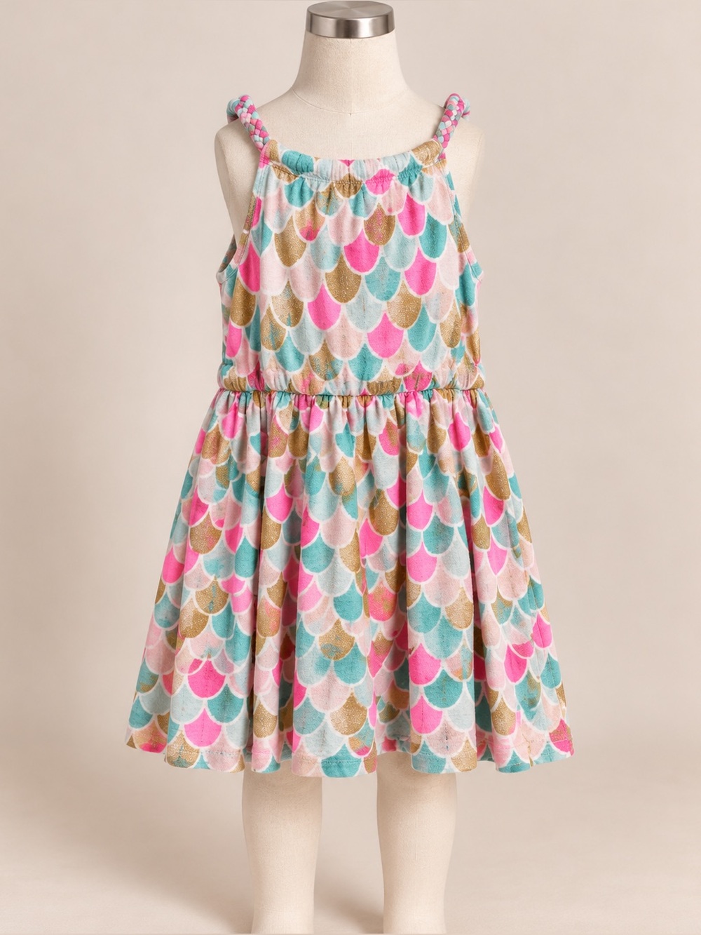 Carter’s Girls 5T Mermaid Scale Sundress Pink Teal Gold Braided Strap Dress